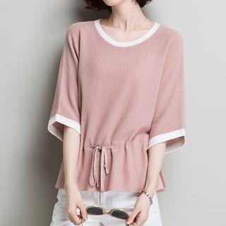 Piped Elbow-sleeve Knit Top