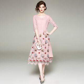 Embroidered Lace Elbow-sleeve Dress