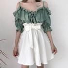 Cold-shoulder Ruffle Blouse / A-line Skirt