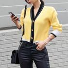 V-neck Color Block Cardigan Yellow - One Size