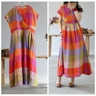 Short-sleeve Checker A-line Midi Dress Multicolor - One Size