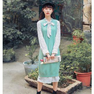 Set: Printed Long-sleeve A-line Dress + Long Knit Vest