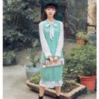 Set: Printed Long-sleeve A-line Dress + Long Knit Vest