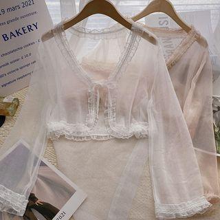 Long-sleeve Lace-trim Panel Mesh Cardigan