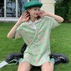 Elbow-sleeve Floral Print Polo Dress Pink Floral - Green - One Size