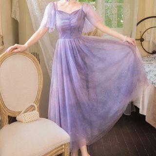 Short-sleeve Mesh Maxi A-line Dress