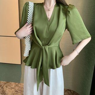 Short-sleeve Tie-front Blouse / Wide Leg Pants