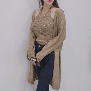 Set: Halter-neck Knit Top + Open-front Long Cardigan