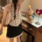 Bow Print Camisole Top / Lace Trim Mini A-line Skirt