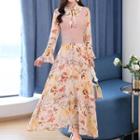 Set: Mock Two-piece Long-sleeve Floral Print Panel Dress + Maxi A-line Skirt