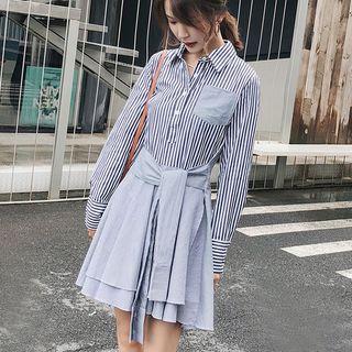 Mock Two Piece Pinstriped Long-sleeve Shirt Dress