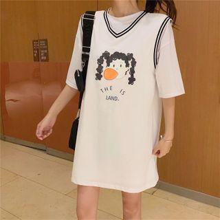 Elbow-sleeved Plain T-shirt + Printed Tank Dress