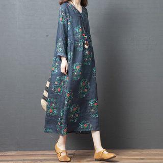 Long-sleeve Floral Print Linen Midi A-line Dress