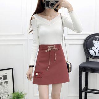 Set: Long-sleeve Cold-shoulder Knit Top + Embroidered Mini A-line Skirt