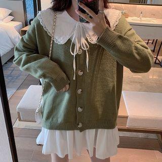 Plain Peter-pan Collar Lace-up Long-sleeve Dress / Plain V-neck Long-sleeve Cardigan
