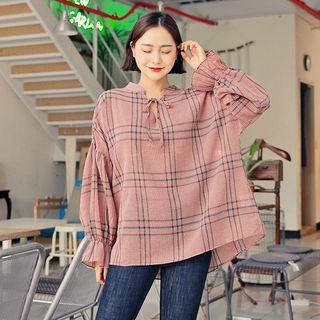 Bell-sleeve Tie-front Checked Top