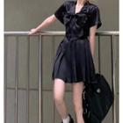 Short-sleeve Plain Bow Shirt / Pleated Mini Skirt