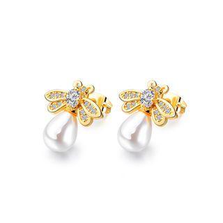 Fashion And Elegant Plated Gold Small Bee Pearl Stud Earrings With Cubic Zirconia Golden - One Size