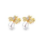Fashion And Elegant Plated Gold Small Bee Pearl Stud Earrings With Cubic Zirconia Golden - One Size