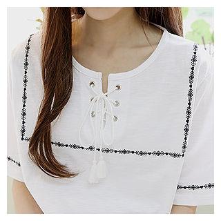 Lace-up Embroidered Top