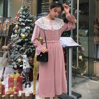 Bell-sleeve Midi A-line Velvet Dress With Belt