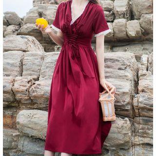 V-neck Lace-up Midi A-line Dress