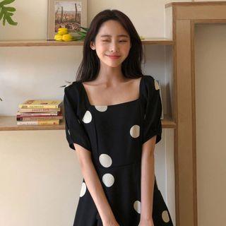 Dotted Square-neck Short-sleeve A-line Dress Black - One Size