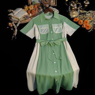 Short-sleeve Two Tone Shirt Dress