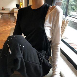 Long-sleeve Color Block T-shirt Black & White - One Size