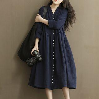Button-front Linen Cotton Long-sleeve Dress