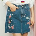 Flower Embroidered A-line Denim Skirt