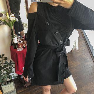 Mock Two-piece Asymmetric Shirtdress With Sash