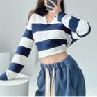 Striped Loose-fit Cropped Polo Sweater