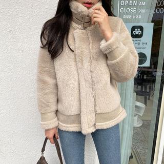 Belted-detail Faux-fur Zip-up Jacket