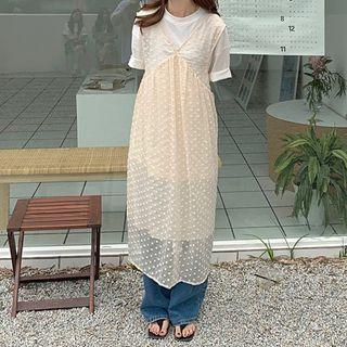 Short-sleeve T-shirt / Sleeveless Mesh Midi A-line Dress