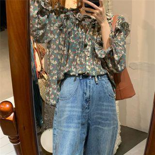 Bell-sleeve Floral Chiffon Top Green - One Size