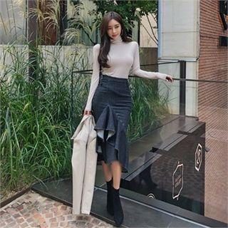 Ruffle-trim Asymmetric-hem Denim Skirt