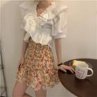 Short-sleeve Frill Trim Crop Top / Shirred Floral Print Mini A-line Skirt