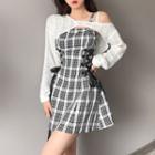 Wide Strap Plaid Lace-up A-line Dress / Asymmetrical Cold-shoulder T-shirt