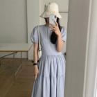 Round Neck Puff-sleeve Slim Fit Dress Grayish Blue - One Size