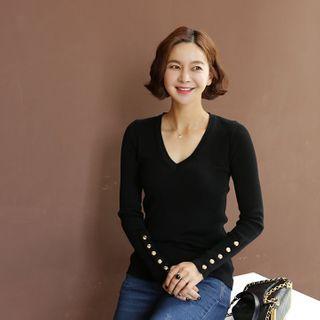 Button-cuff Ribbed Knit Top