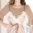 Set: Sleeveless Lace Wrap Dress + Ruffle-sleeve T-shirt Dress