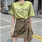 Set: Lettering Short-sleeve T-shirt + Plaid Tie-waist Mini A-line Skirt