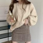 Round Neck Cable Knit Sweater / Houndstooth Woolen Mini Skirt