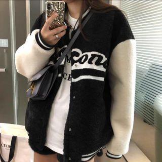 Lettering Fleece Baseball Jacket Black & White - One Size