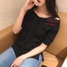 Mock Two Piece Letter Embroidered Elbow Sleeve T-shirt