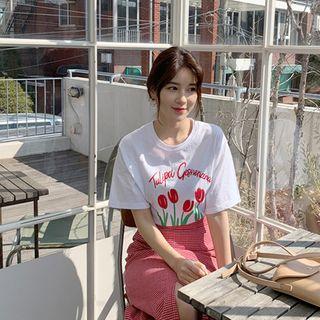 Tulip-printed Cotton T-shirt Ivory - One Size