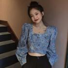 Floral Print Cropped Blouse Blue - One Size