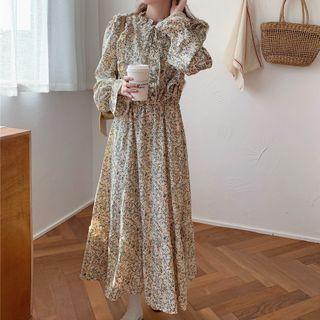 Long-sleeve Retro Ruffle Trim Floral Dress