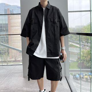 Set: Elbow-sleeve Plain Shirt + Cargo Shorts